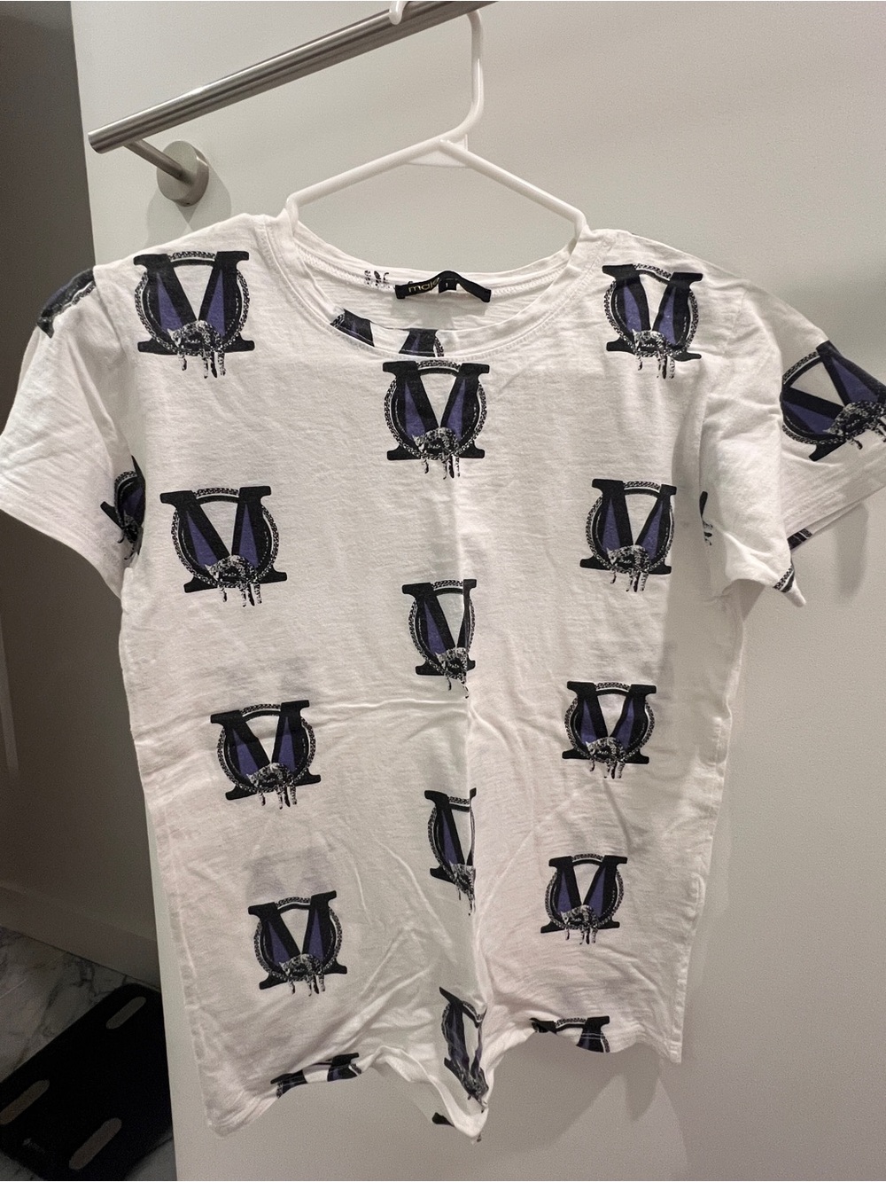 Maje White Tee with Repeating Purple & Black Logo